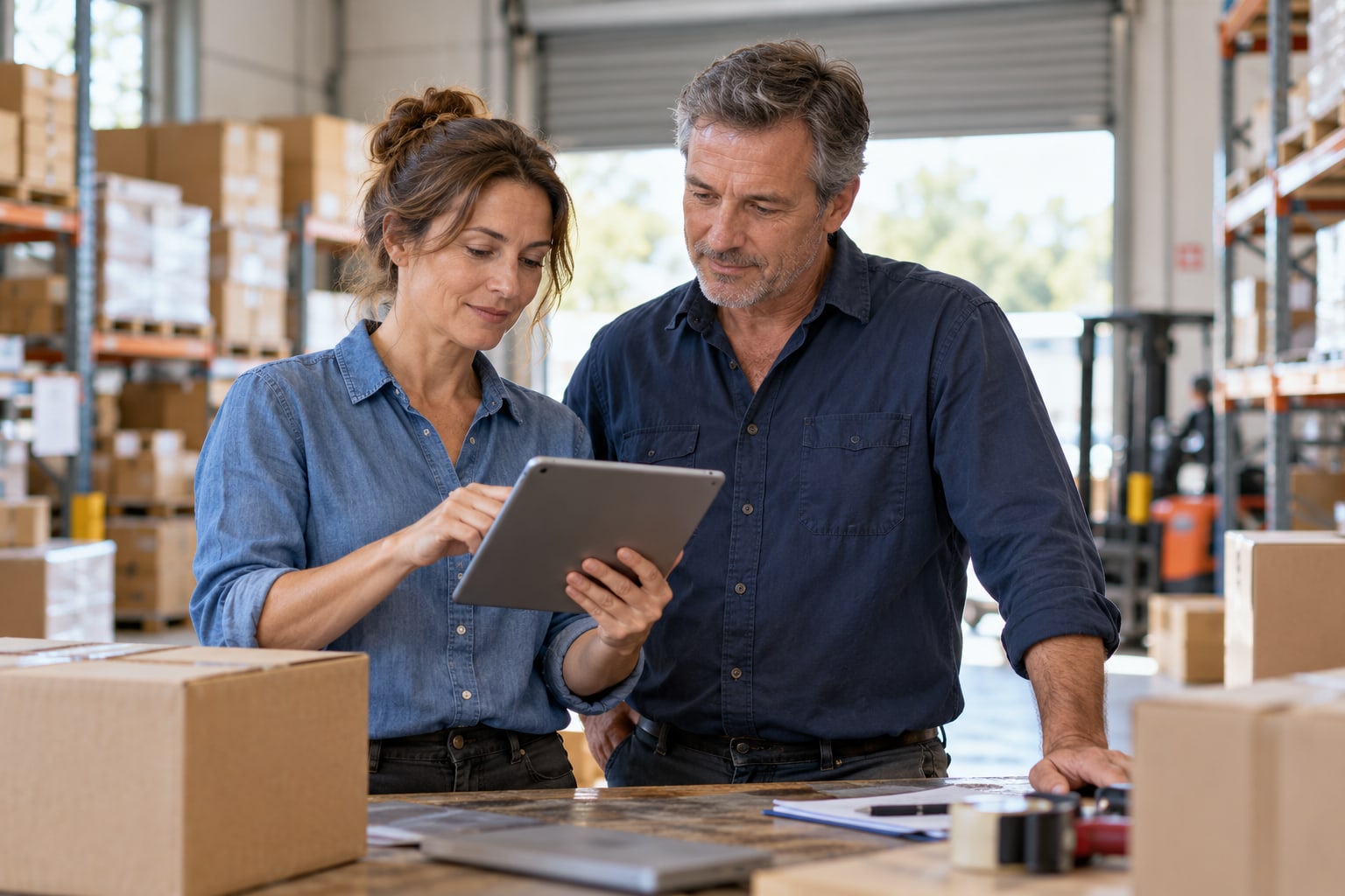 Wholesale business owners reviewing a tablet in their warehouse